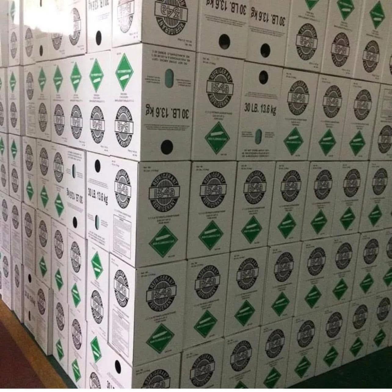Stacked 30 lb R-134a refrigerant cartons ready for despatch